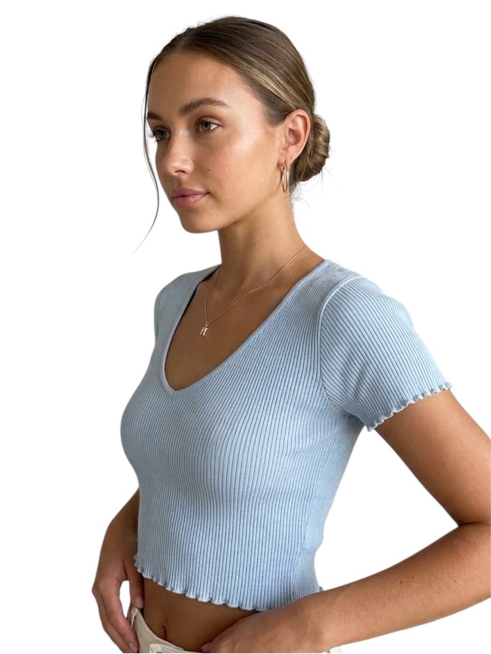 Princess Polly Baby Blue Knit Lettuce Trim Top L/XL